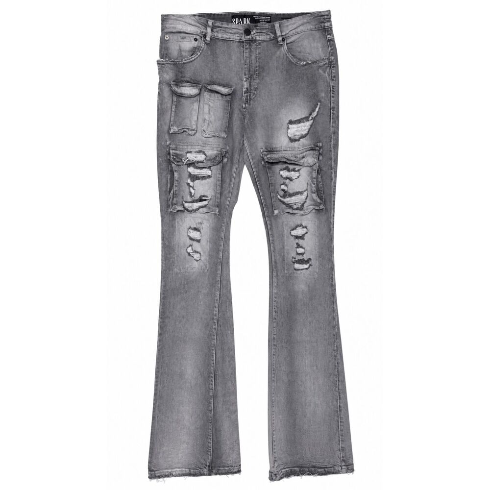 Spark Mens Distressed Stacked Flare Jeans Cargo Pockets Gray Wash Size 36x38